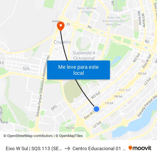 Eixo W Sul | Sqs 113 (Desembarque Metropolitano) to Centro Educacional 01 Do Cruzeiro map