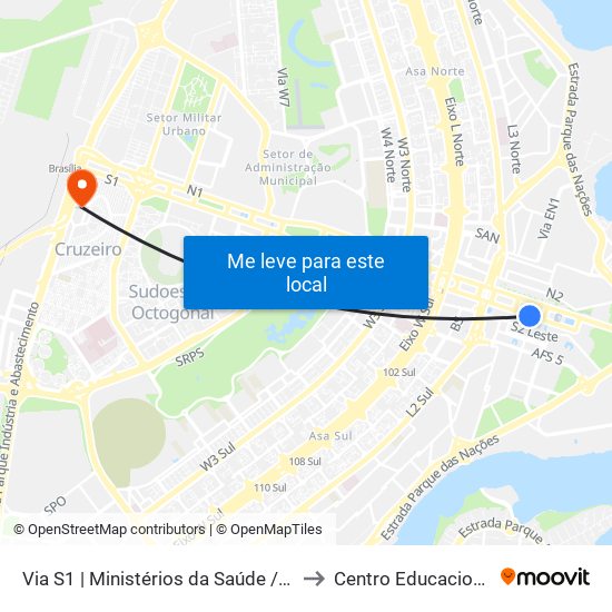 Via S1 | Ministérios da Saúde / Trabalho / Previdência Social to Centro Educacional 01 Do Cruzeiro map