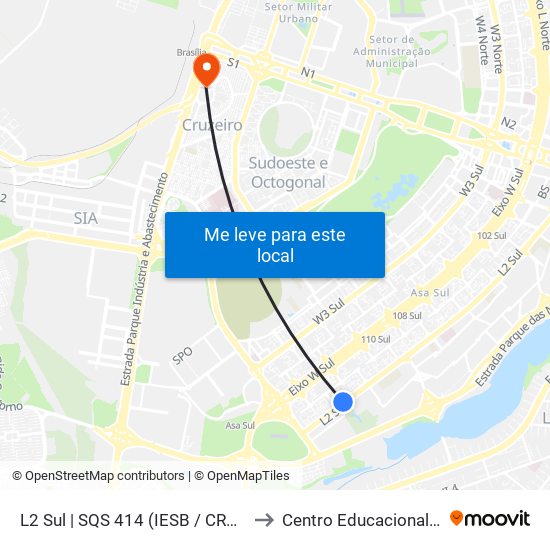 L2 Sul | SQS 414 (IESB / CREAS / Parque Asa Sul) to Centro Educacional 01 Do Cruzeiro map