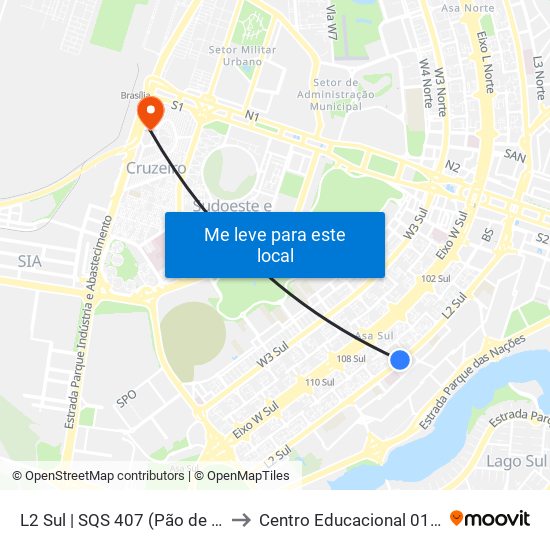 L2 Sul | SQS 407 (Pão de Açúcar / IDP) to Centro Educacional 01 Do Cruzeiro map