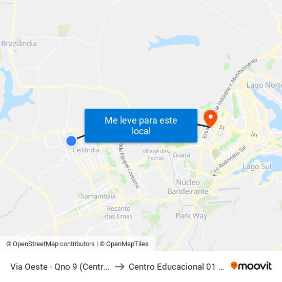 Via Oeste - Qno 9 (Centro Olímpico) to Centro Educacional 01 Do Cruzeiro map
