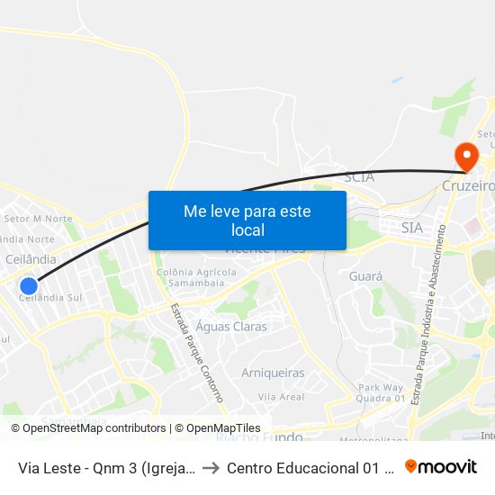 Via Leste - Qnm 3 (Igreja Nova Vida) to Centro Educacional 01 Do Cruzeiro map