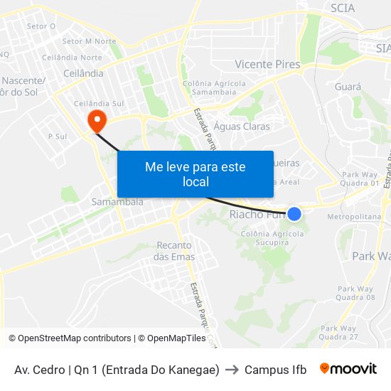 Av. Cedro | Qn 1 (Entrada Do Kanegae) to Campus Ifb map