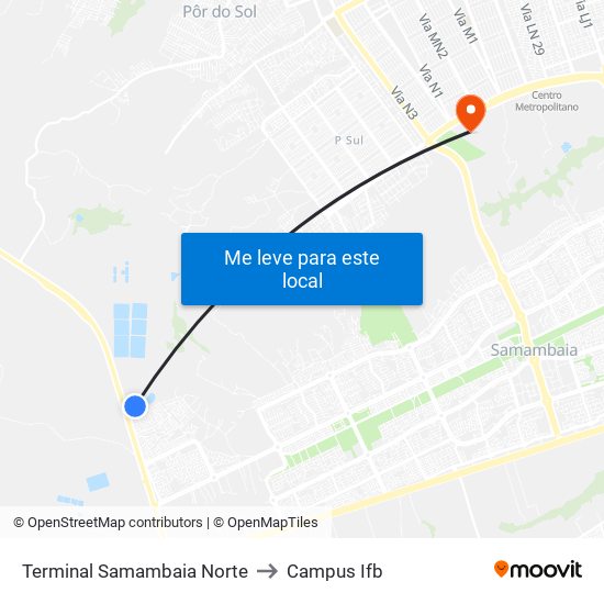 Terminal Samambaia Norte to Campus Ifb map
