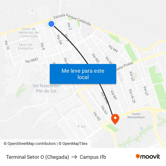 Terminal Setor O (Chegada) to Campus Ifb map