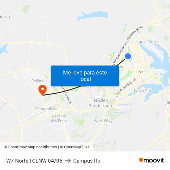 W7 Norte (Acesso Sqnw 105) to Campus Ifb map