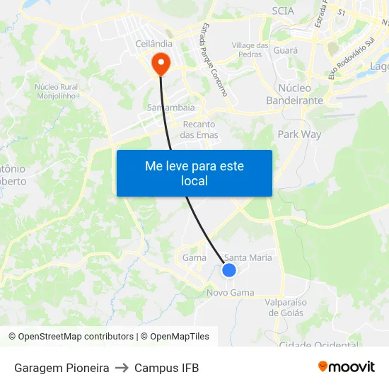 Garagem Pioneira to Campus IFB map