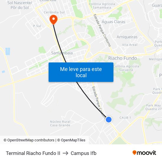 Terminal Riacho Fundo II to Campus Ifb map