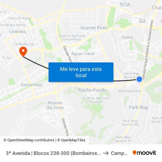 3ª Avenida | Blocos 238-300 (Bombeiros / Panif. Trigoiás) to Campus Ifb map