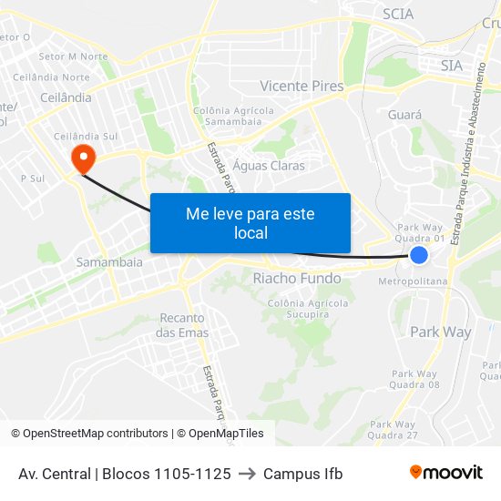 Av. Central | Blocos 1105-1125 to Campus Ifb map