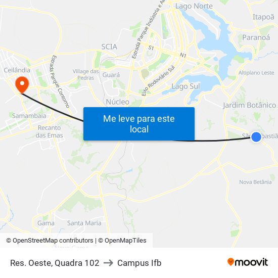 Res. Oeste, Quadra 102 to Campus Ifb map