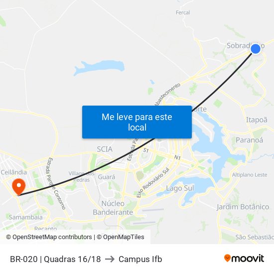 BR-020 | Quadras 16/18 to Campus Ifb map