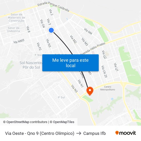 Via Oeste - Qno 9 (Centro Olímpico) to Campus Ifb map