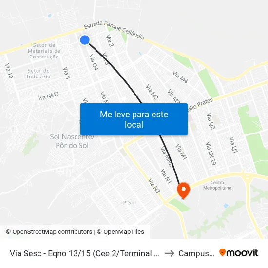 Via Sesc - Eqno 13/15 (Cee 2/Terminal Setor O) to Campus Ifb map