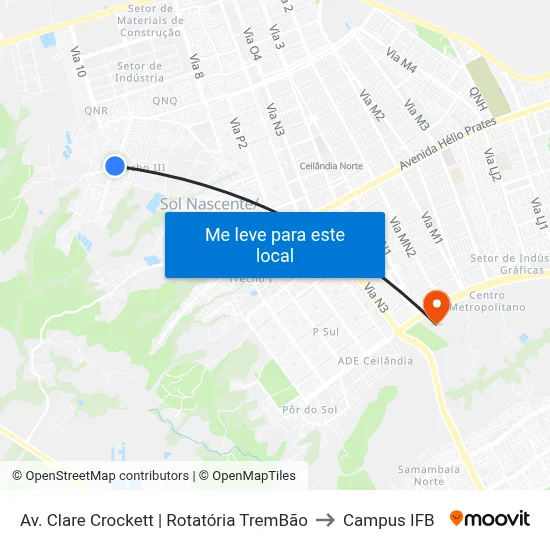 Av. Clare Crockett | Rotatória TremBão to Campus IFB map