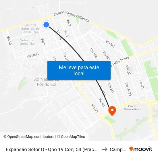Expansão Setor O - Qno 19 Conj 54 (Praça/Padaria Pão De Mel) to Campus Ifb map