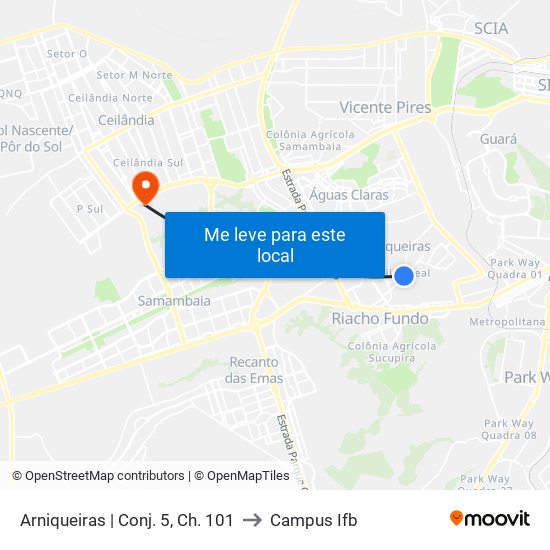 Arniqueiras | Conj. 5, Ch. 101 to Campus Ifb map