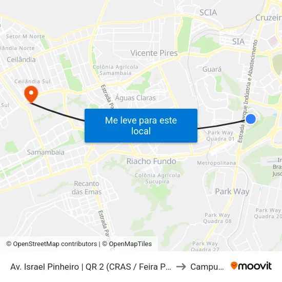 Av. Israel Pinheiro | QR 2 (CRAS / Feira Permanente) to Campus Ifb map