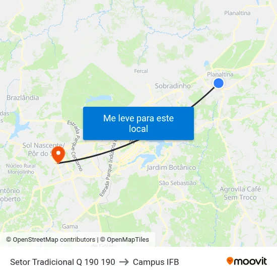 Setor Tradicional Q 190 190 to Campus IFB map