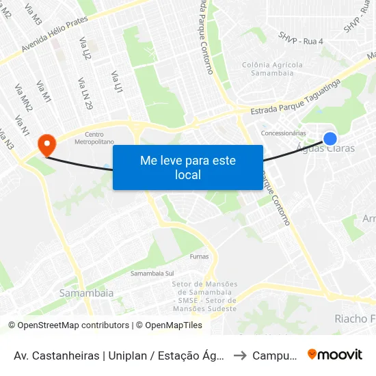 Av. Castanheiras | Uniplan / Estação Águas Claras to Campus Ifb map