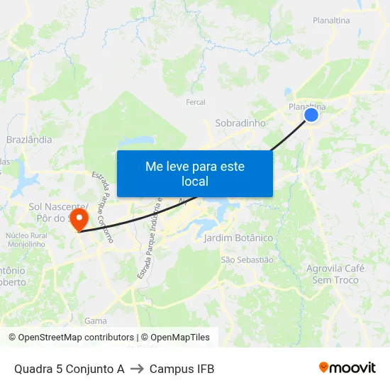 Quadra 5 Conjunto A to Campus IFB map