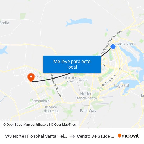 W3 Norte | Hospital Santa Helena / Santa Lúcia Norte to Centro De Saúde 10 De Ceilândia map