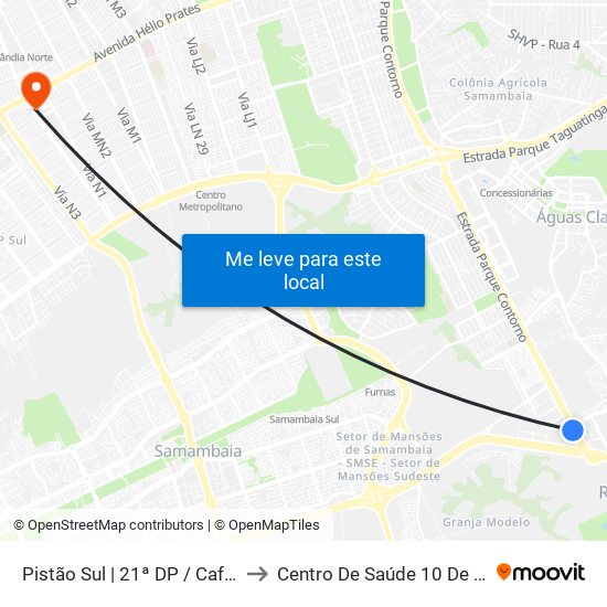 Pistão Sul | 21ª DP / Café do Sítio to Centro De Saúde 10 De Ceilândia map