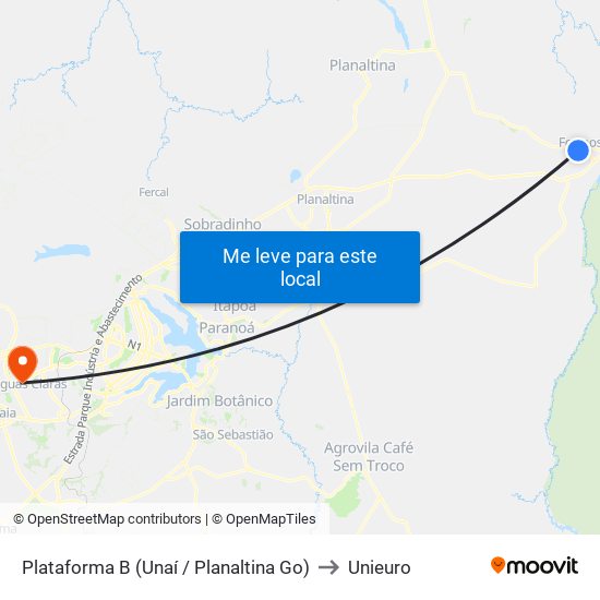 Plataforma B (Unaí / Planaltina Go) to Unieuro map