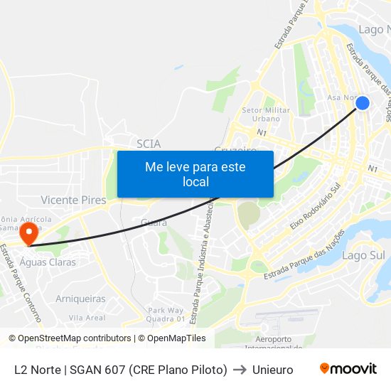 L2 Norte | Sgan 607 (Brasília Medical Center / Cean) to Unieuro map