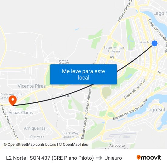 L2 Norte | SQN 407 (CRE Plano Piloto) to Unieuro map