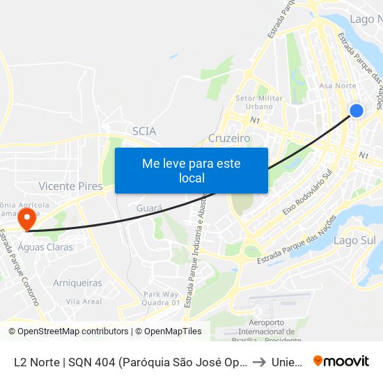 L2 Norte | SQN 404 (Paróquia São José Operário) to Unieuro map