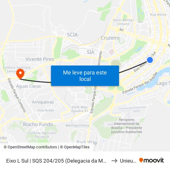 Eixo L Sul | SQS 204/205 (Delegacia da Mulher) to Unieuro map
