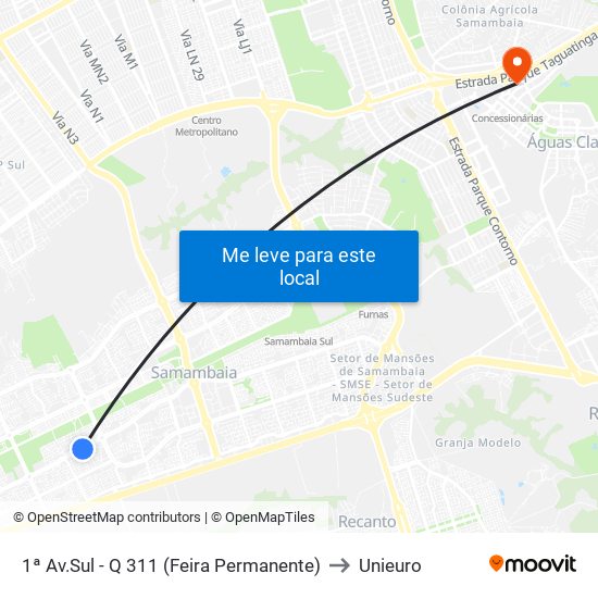 1ª Av.Sul - Q 311 (Feira Permanente) to Unieuro map