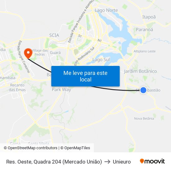 Res. Oeste, Quadra 204 (Mercado União) to Unieuro map