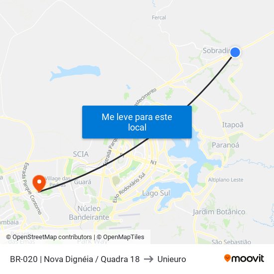 Br-020 | Nova Dignéia / Quadra 18 to Unieuro map