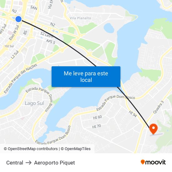Central to Aeroporto Piquet map