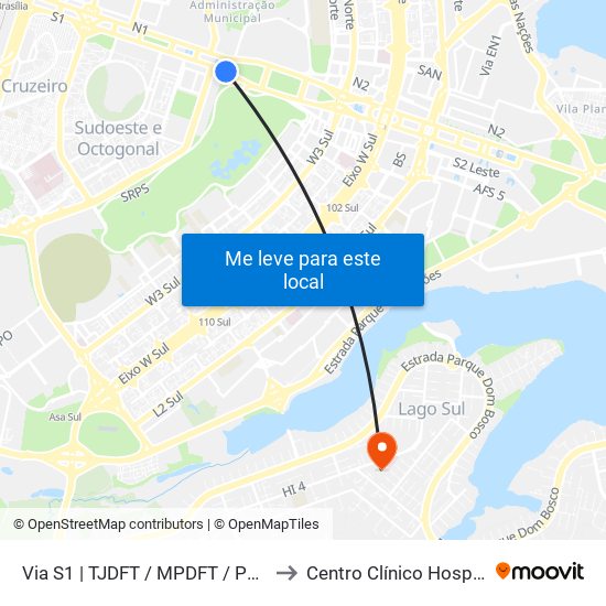 Via S1 | TJDFT / MPDFT / Palácio do Buriti to Centro Clínico Hospital Brasília map