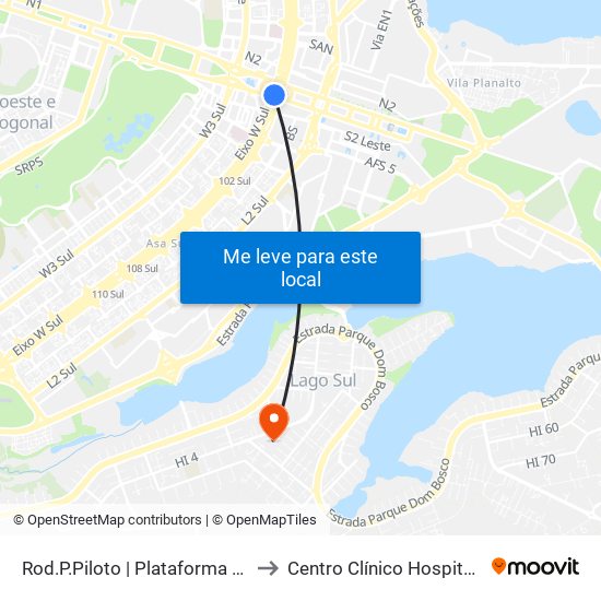 Rod.P.Piloto | Plataforma D (Box 16) to Centro Clínico Hospital Brasília map