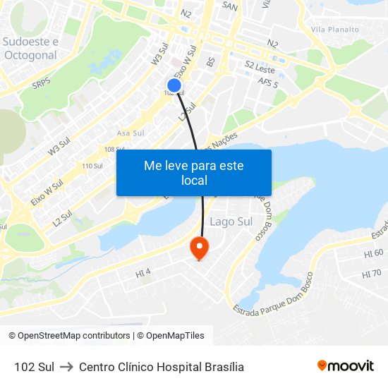 102 Sul to Centro Clínico Hospital Brasília map