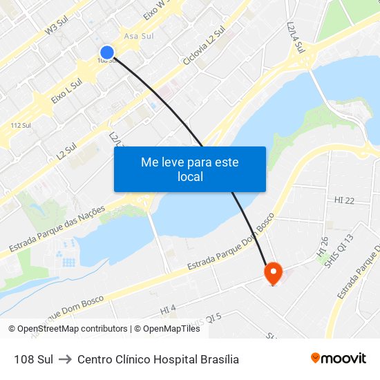 108 Sul to Centro Clínico Hospital Brasília map