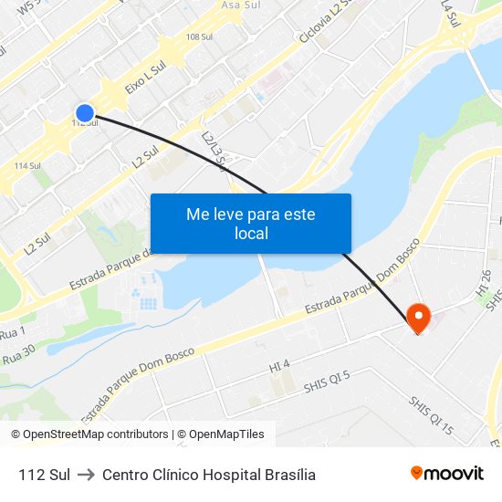 112 Sul to Centro Clínico Hospital Brasília map