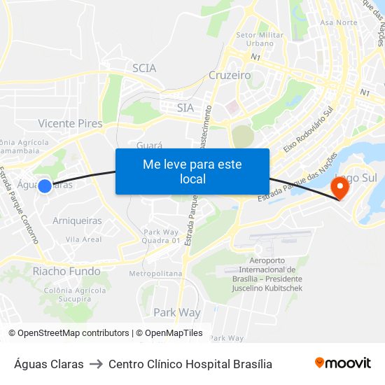 Águas Claras to Centro Clínico Hospital Brasília map