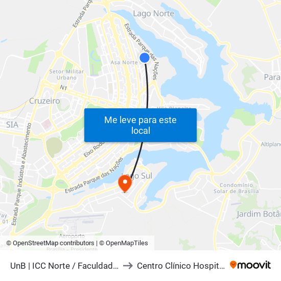 Unb | Icc Norte / Faculdade De Direito to Centro Clínico Hospital Brasília map