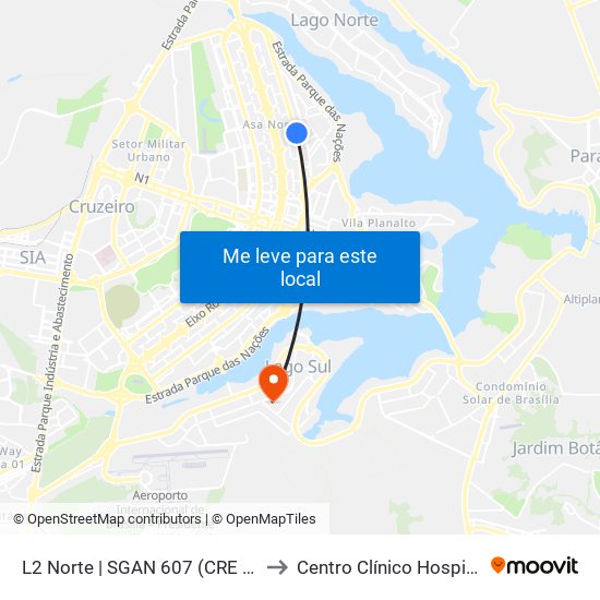 L2 Norte | Sgan 607 (Brasília Medical Center / Cean) to Centro Clínico Hospital Brasília map