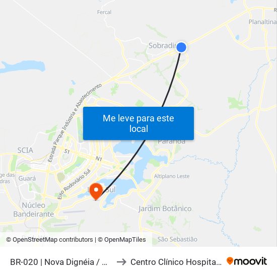 Br-020 | Nova Dignéia / Quadra 18 to Centro Clínico Hospital Brasília map