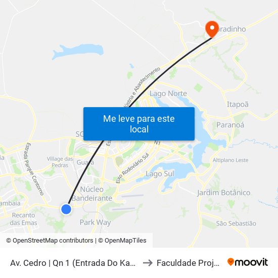 Av. Cedro | Qn 1 (Entrada Do Kanegae) to Faculdade Projeção map