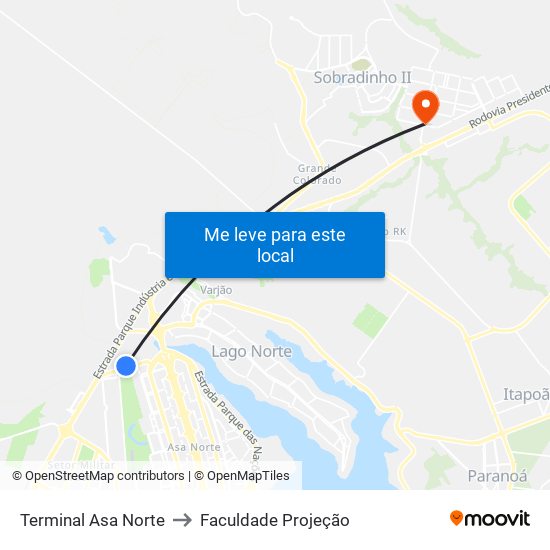 Terminal Asa Norte to Faculdade Projeção map