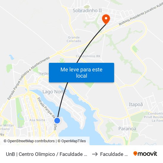 UnB | Centro Olímpico / Faculdade de Educação Física to Faculdade Projeção map