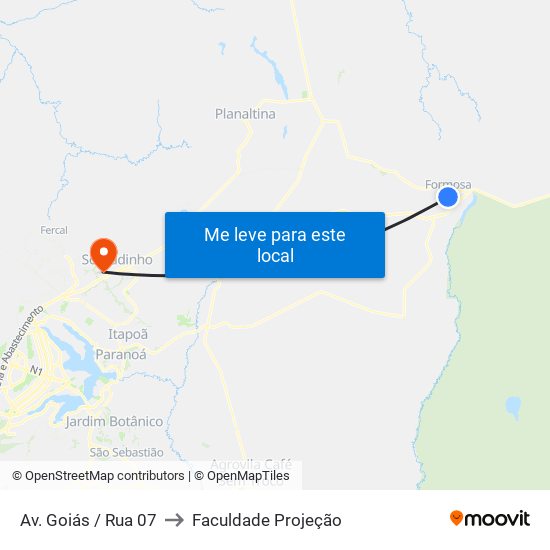 Av. Goiás / Rua 07 to Faculdade Projeção map