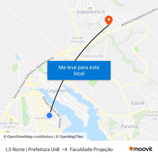 L3 Norte | Prefeitura UnB to Faculdade Projeção map